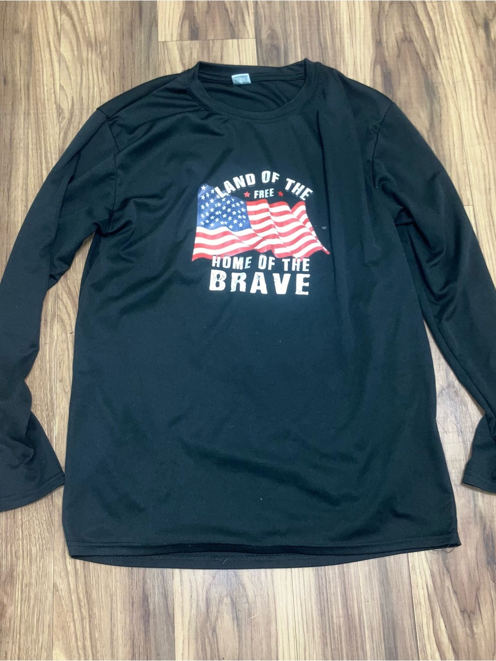 Source Unknown Black Long Sleeve Tee with American Flag "Home of the Brave"
